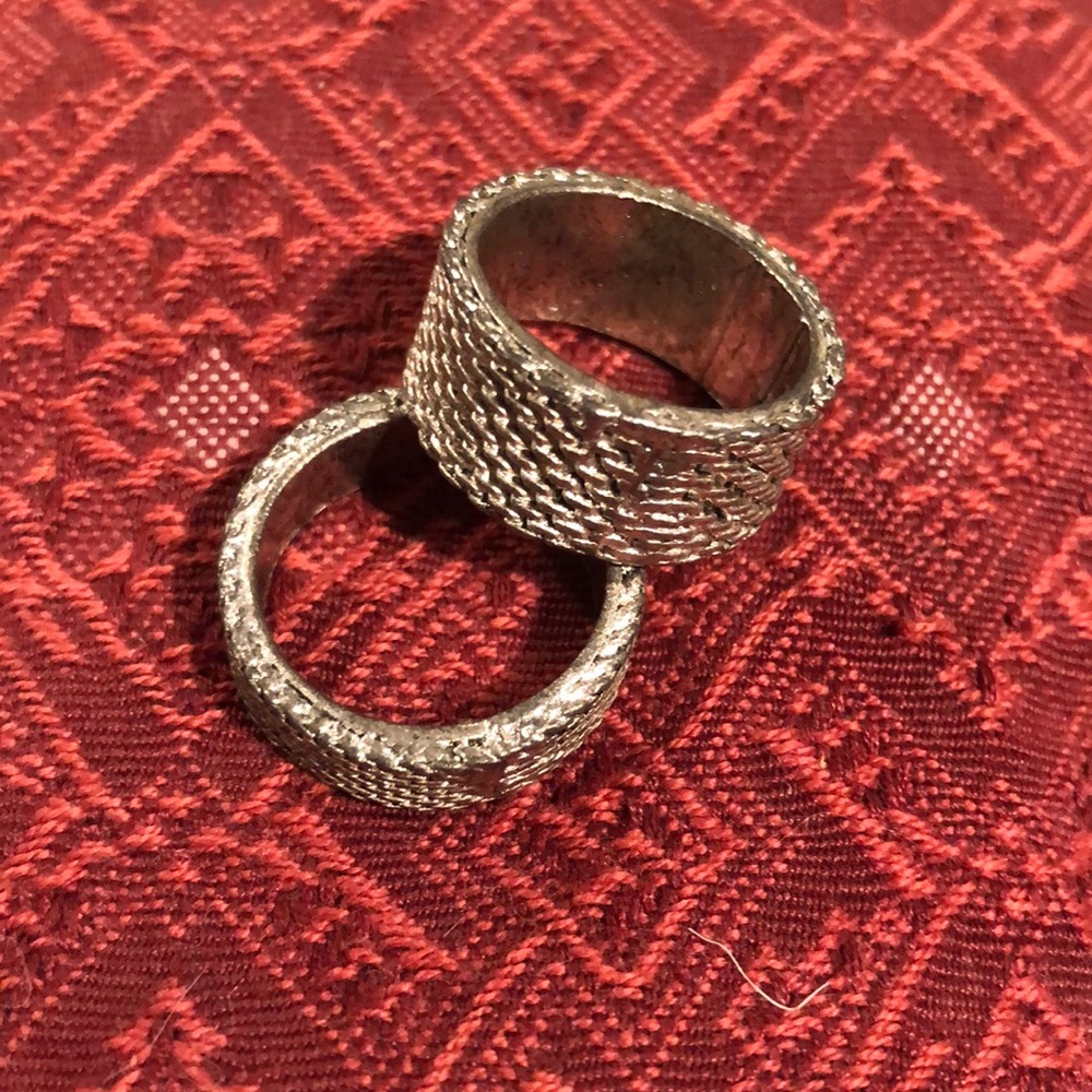 HIS and HERS matching silver tone mesh design wedding bands
